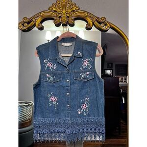 Vintage St. Joanne Blue Denim Embellished Fringe Button Up Vest Women's Size M